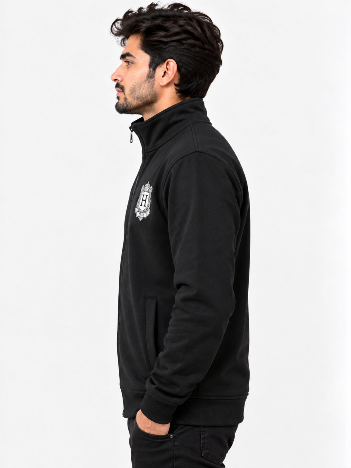 Mock Neck Fleece Zipper Jacket With Badge - Black