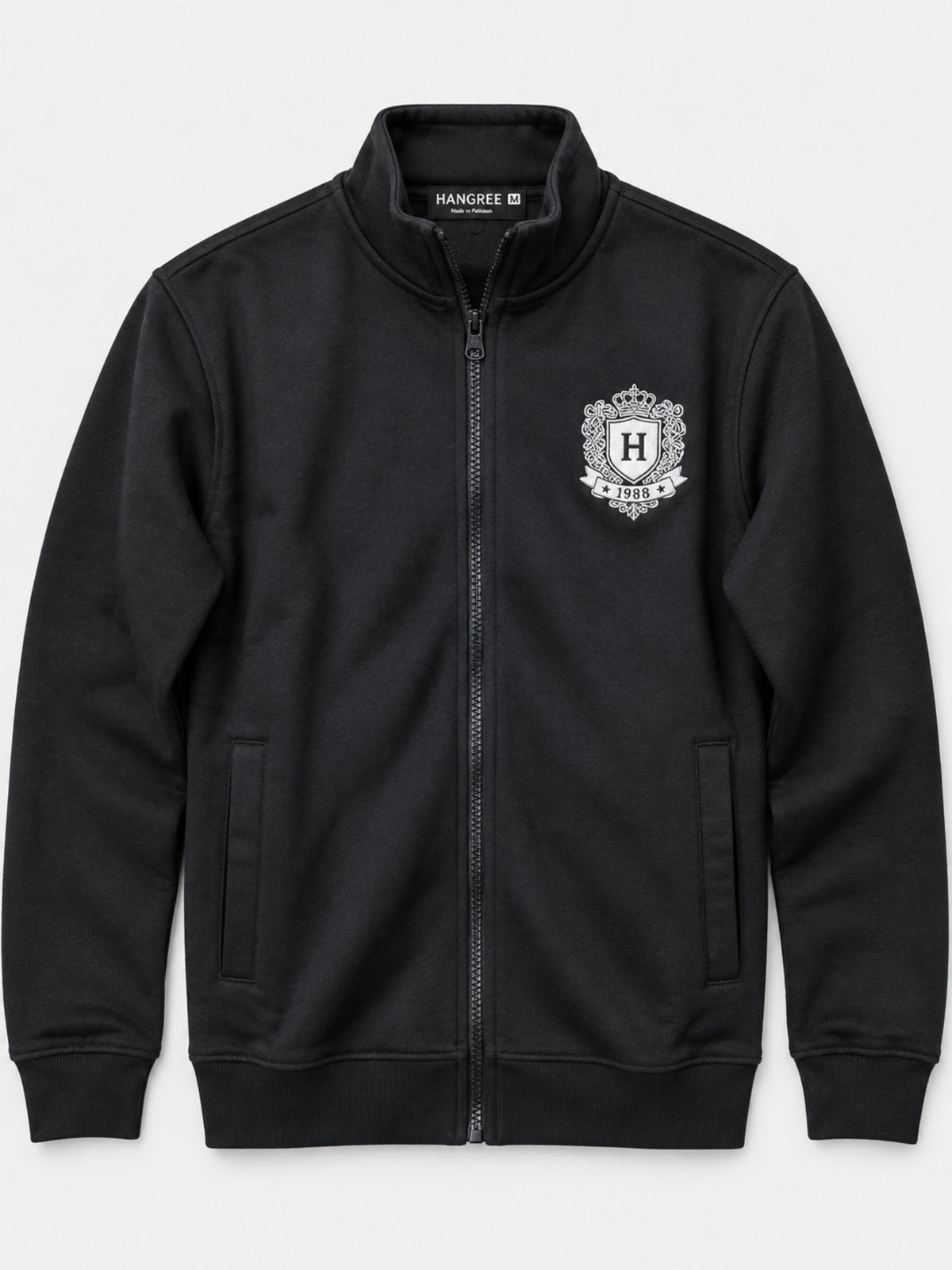 Mock Neck Fleece Zipper Jacket With Badge - Black