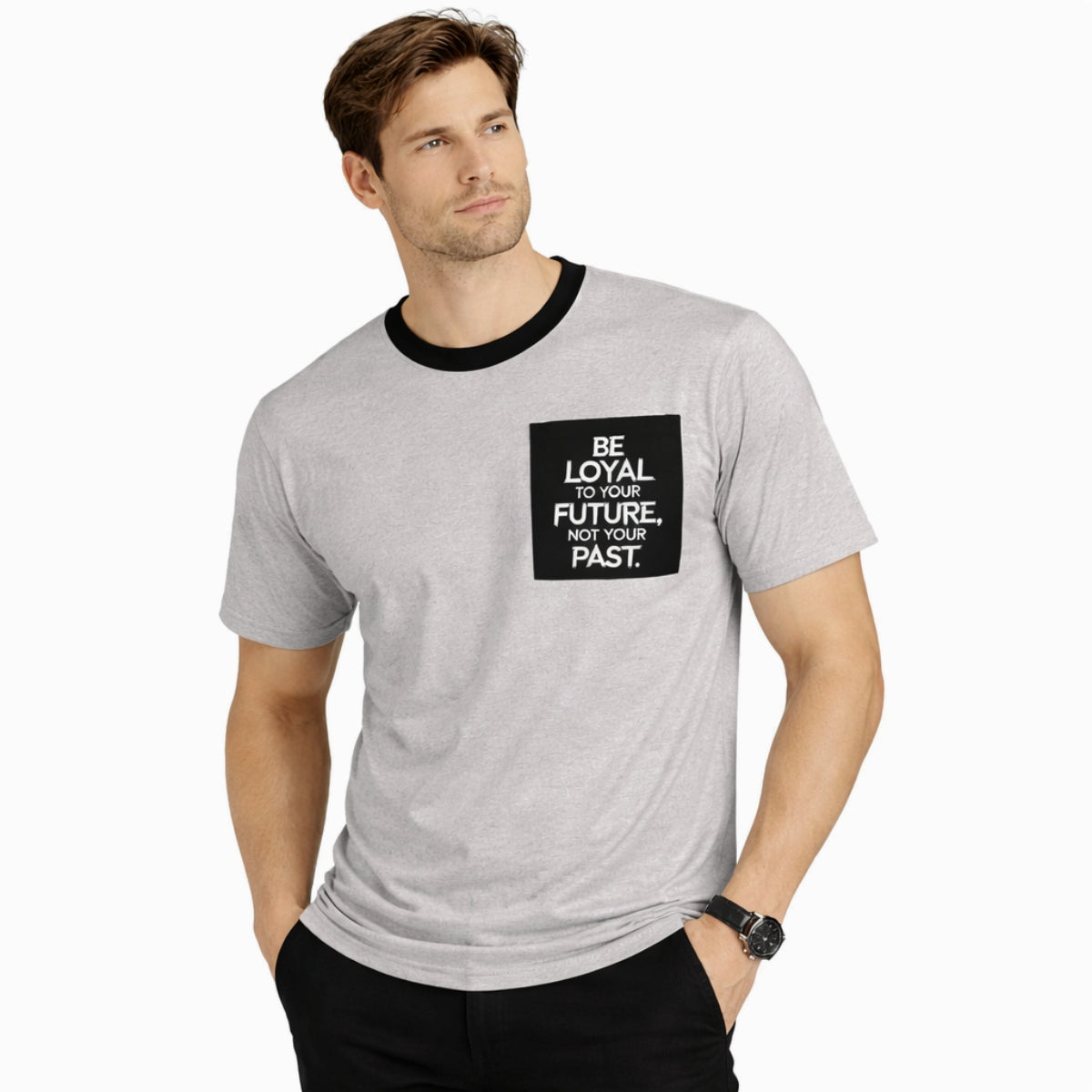 Men's Round Neck Contrast Printed Pocket Tee Shirt - Light Gray