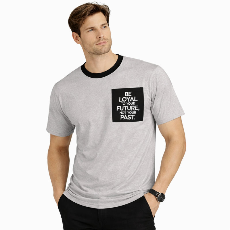 Men's Round Neck Contrast Printed Pocket Tee Shirt - Light Gray