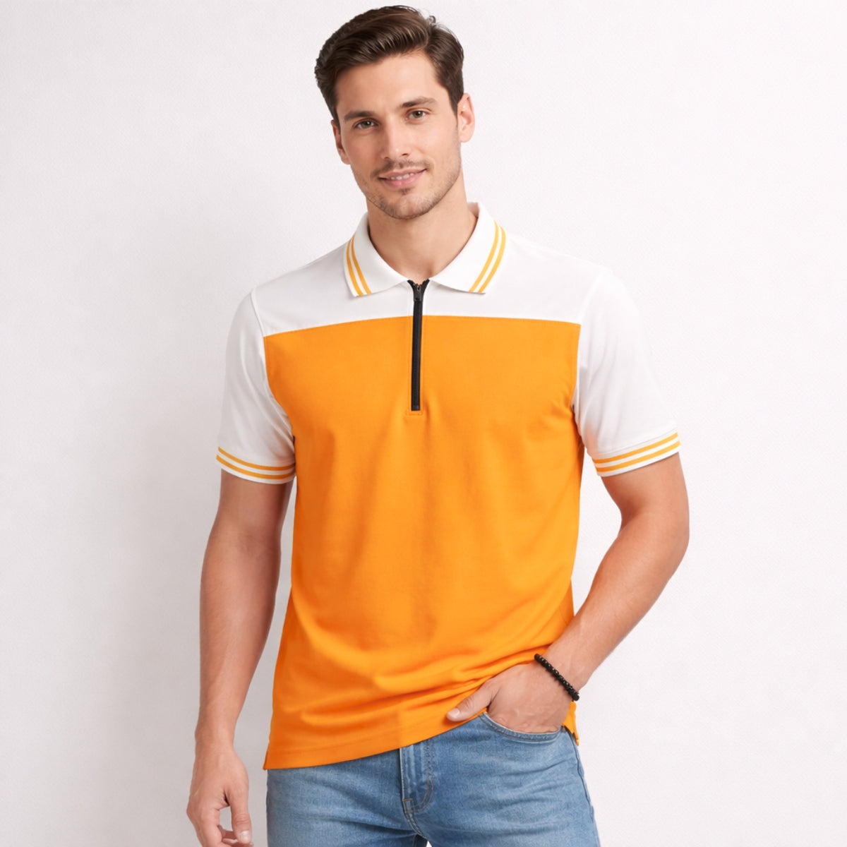 Men’s Modern Luxe Panel Half Zip Polo Shirt - Orange & White