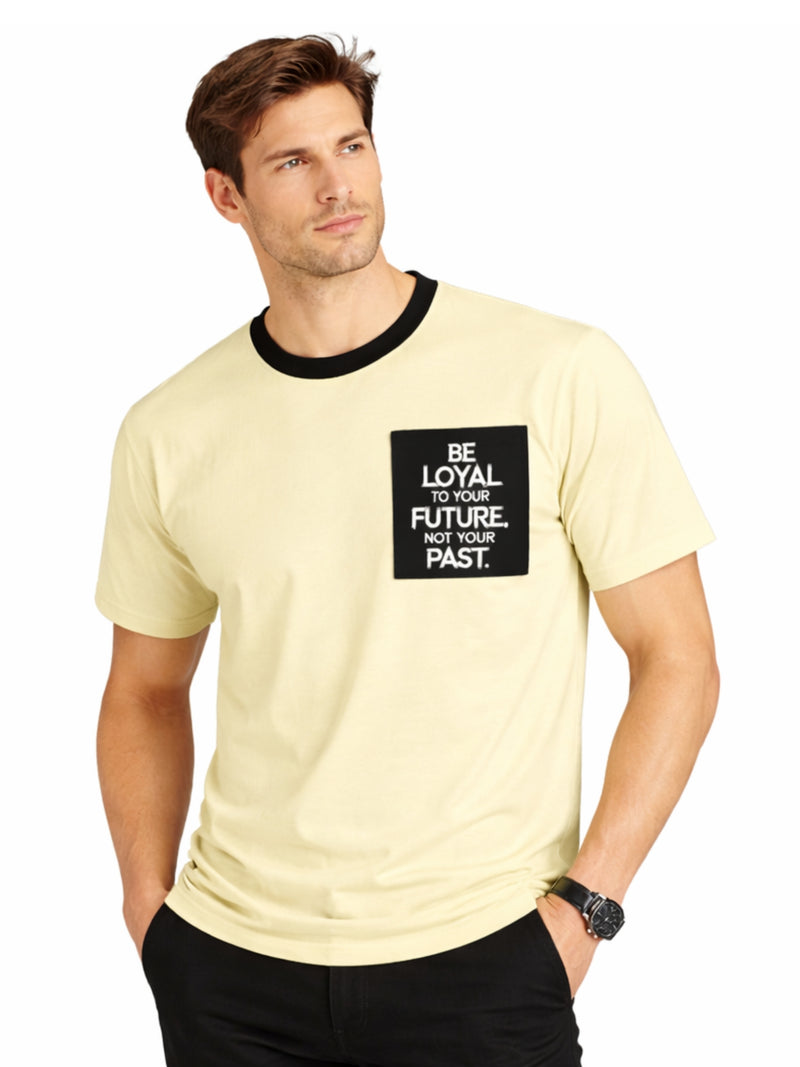 Men's Round Neck Contrast Printed Pocket Tee Shirt - Soft Yellow