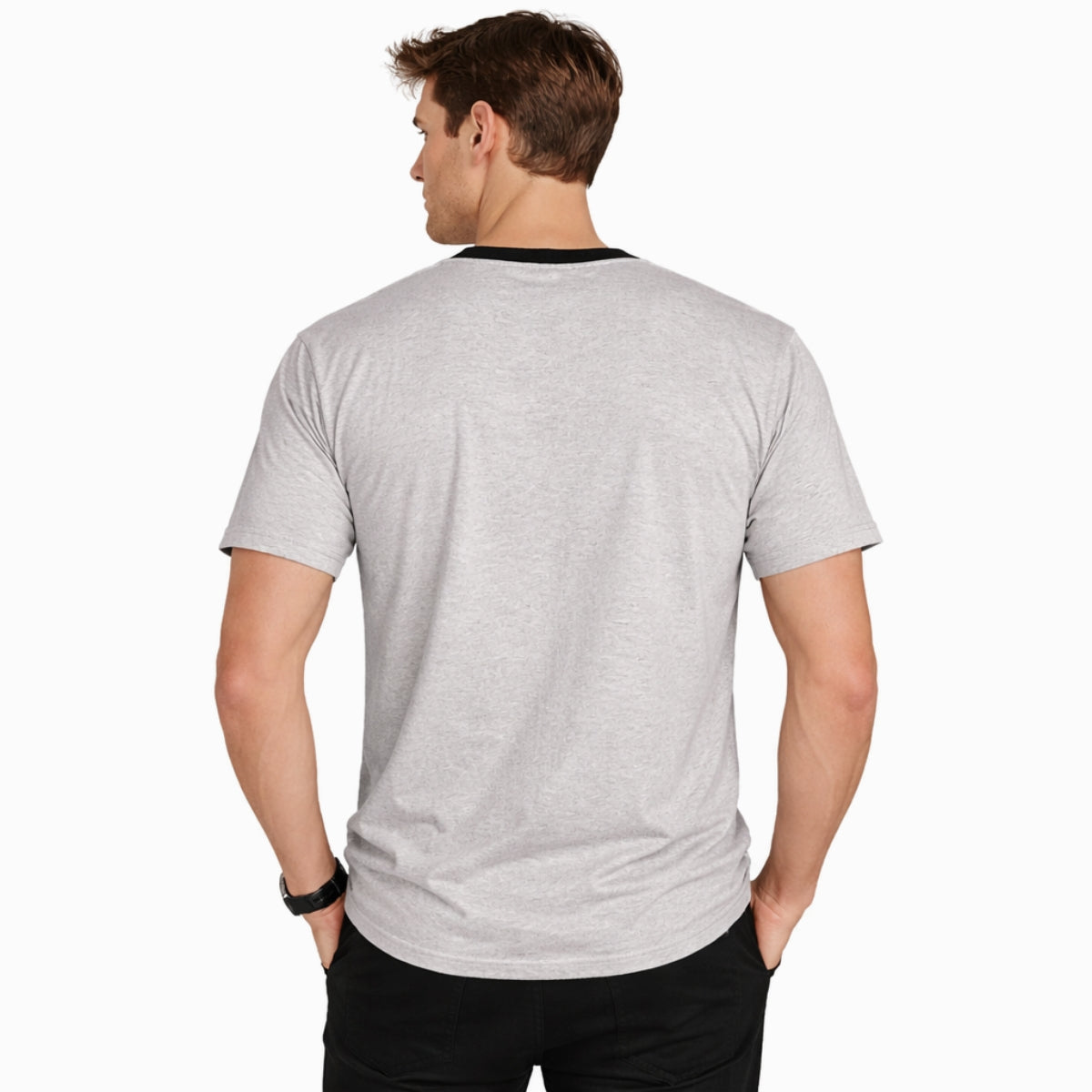 Men's Round Neck Contrast Printed Pocket Tee Shirt - Light Gray