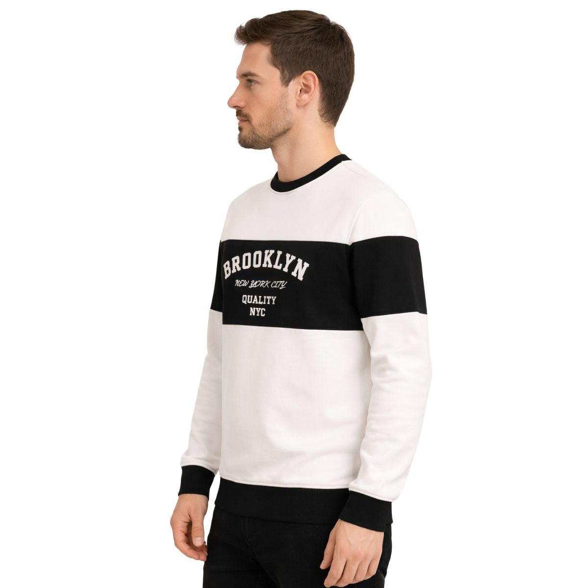 Cut & Sew "Brooklyn" Printed Panel Interlock Sweat Shirt - White