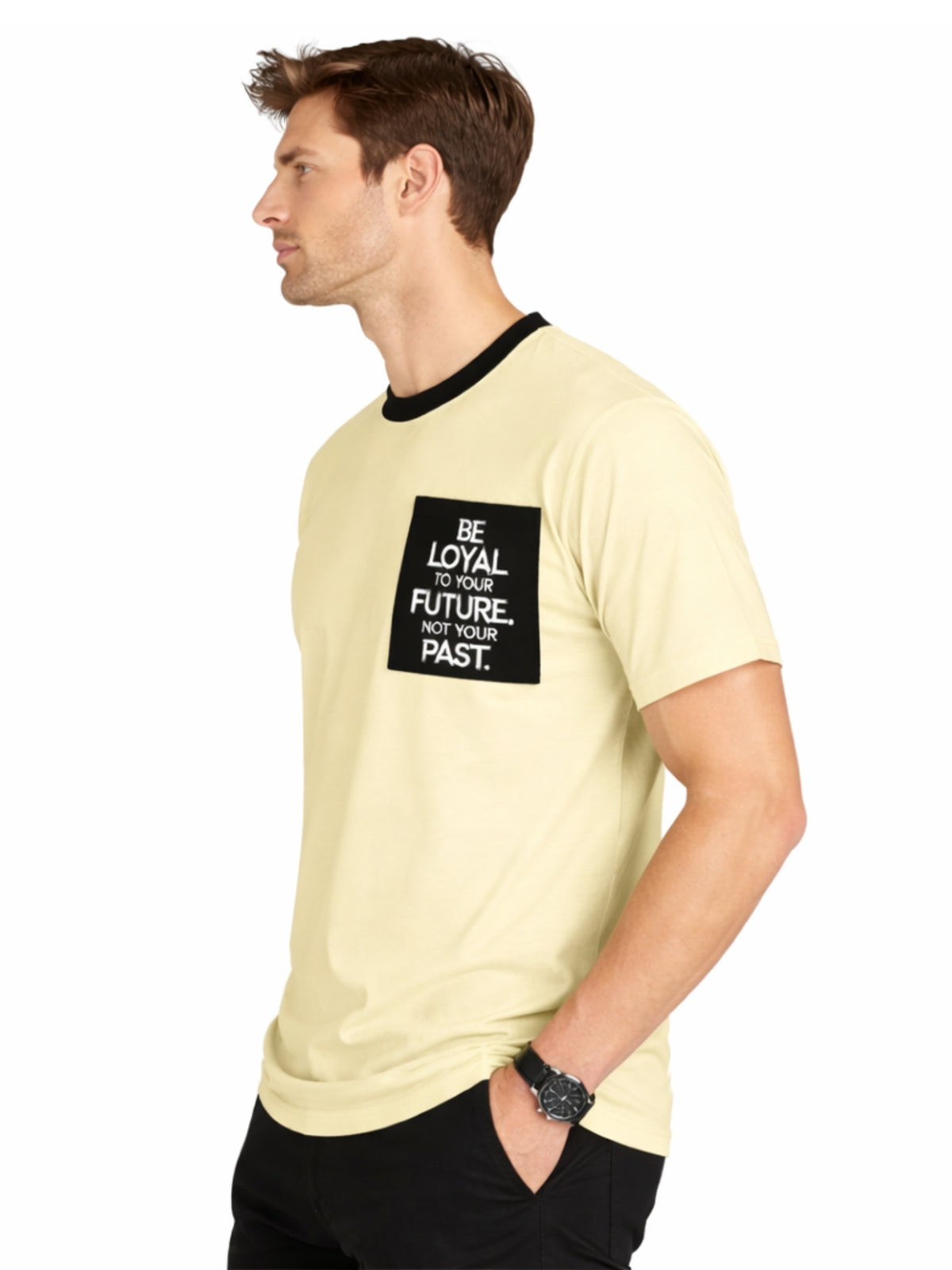 Men's Round Neck Contrast Printed Pocket Tee Shirt - Soft Yellow