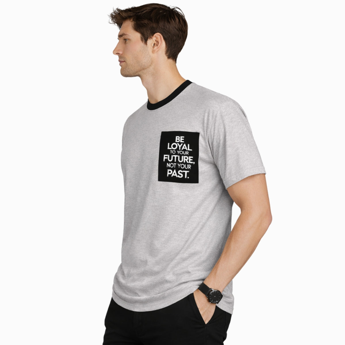 Men's Round Neck Contrast Printed Pocket Tee Shirt - Light Gray