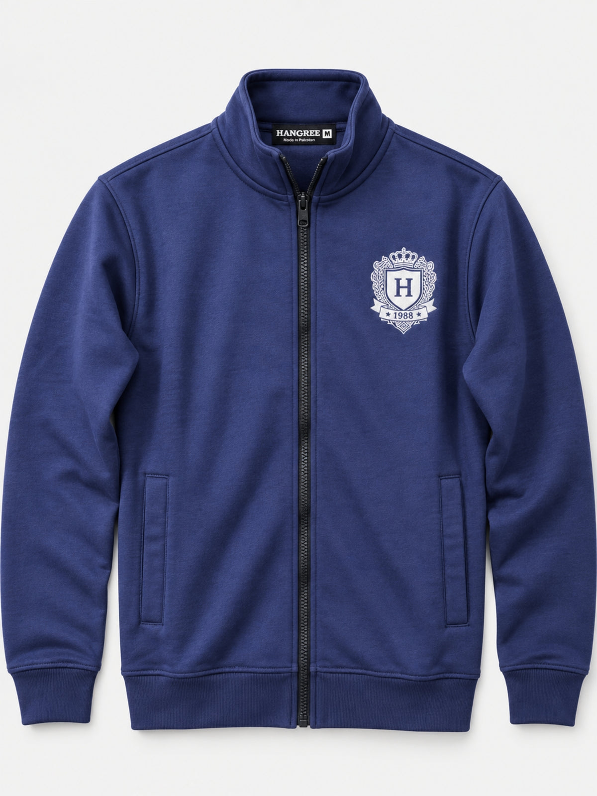 Mock Neck Fleece Zipper Jacket With Badge - Navy
