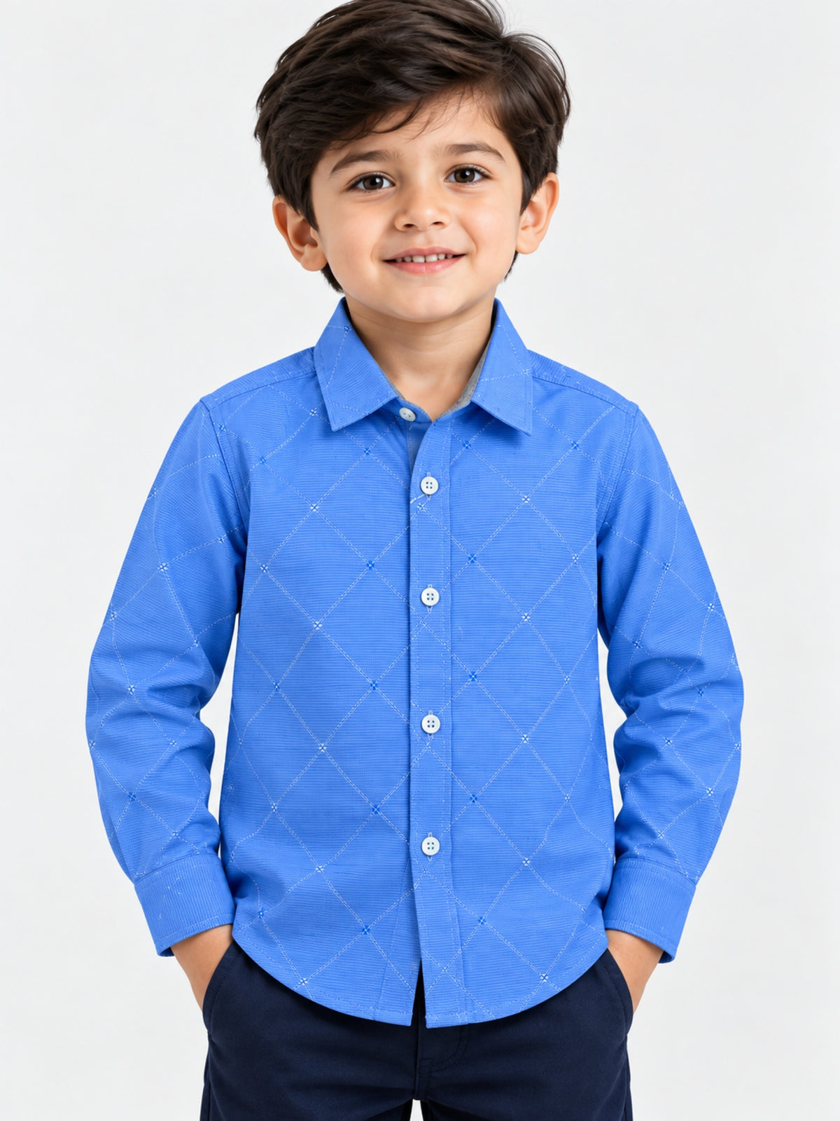 Boy's Blue Diamond Pattern Full Sleeves Casual Shirt