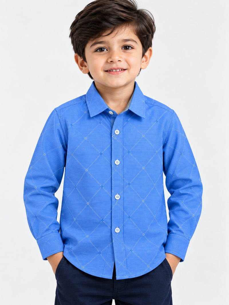 Boy's Blue Diamond Pattern Full Sleeves Casual Shirt