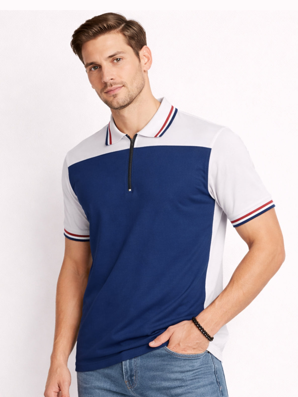 Men’s Modern Luxe Panel Half Zip Polo Shirt - Blue & White