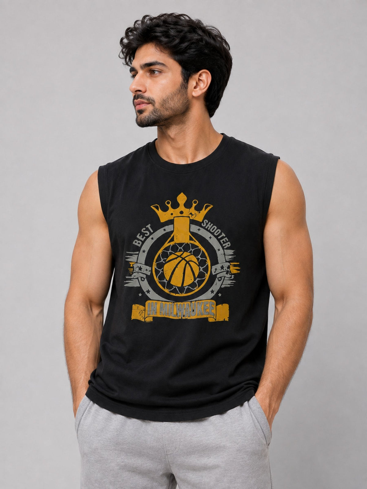 Graphic Printed Sleeveless Tee Shirt - Black
