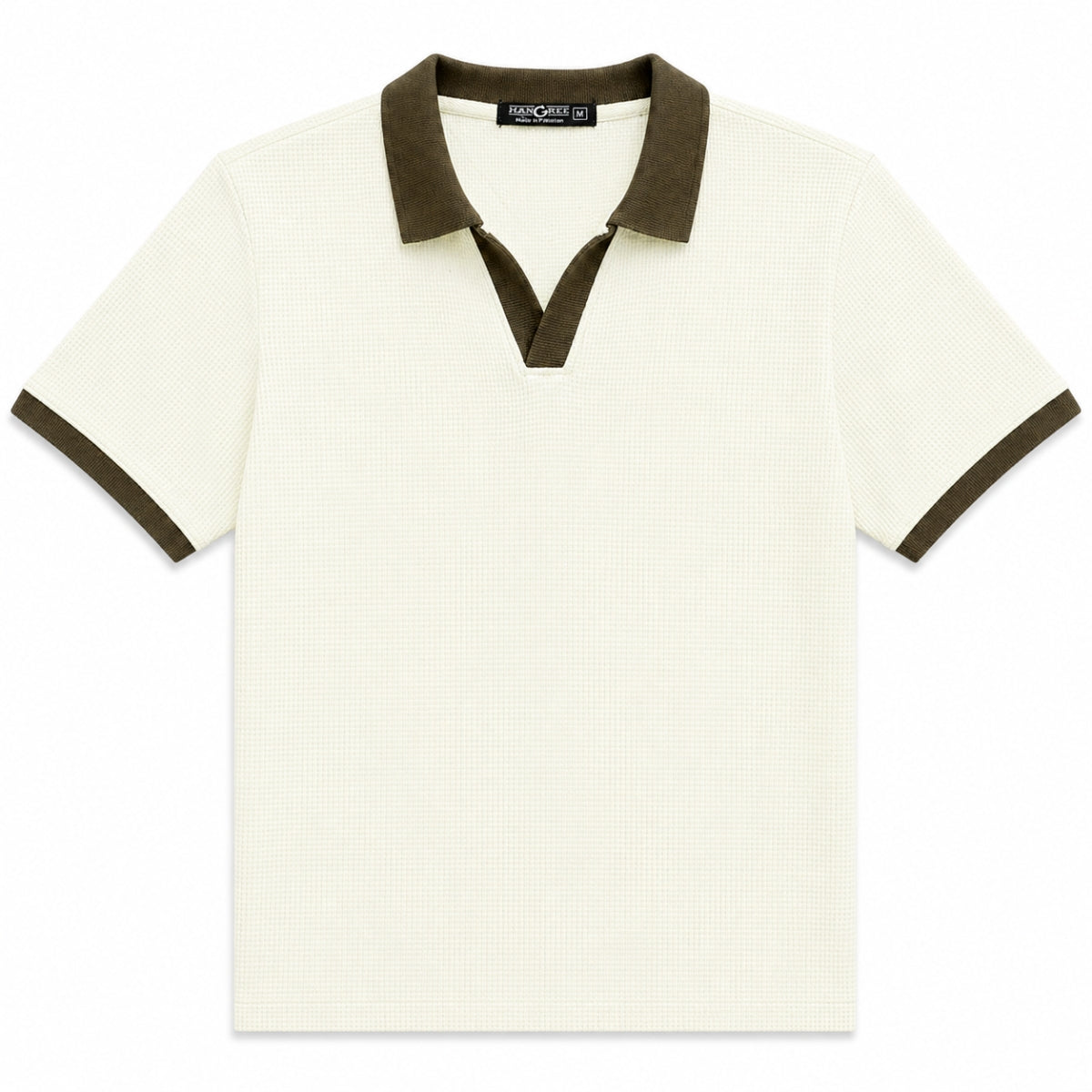 Men’s Classic Thermal Knit Contrast Collar Polo Shirt – Cream
