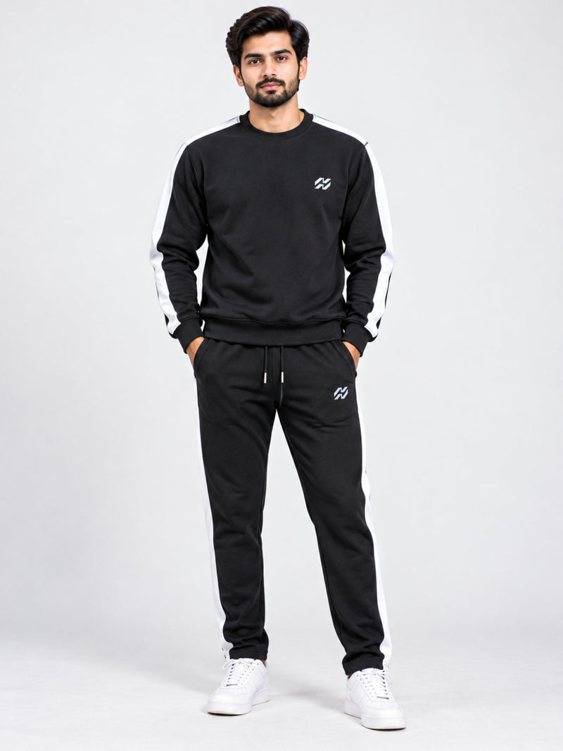 Men's Contrast Stripe Polyester Co-Ord Set – Black & White