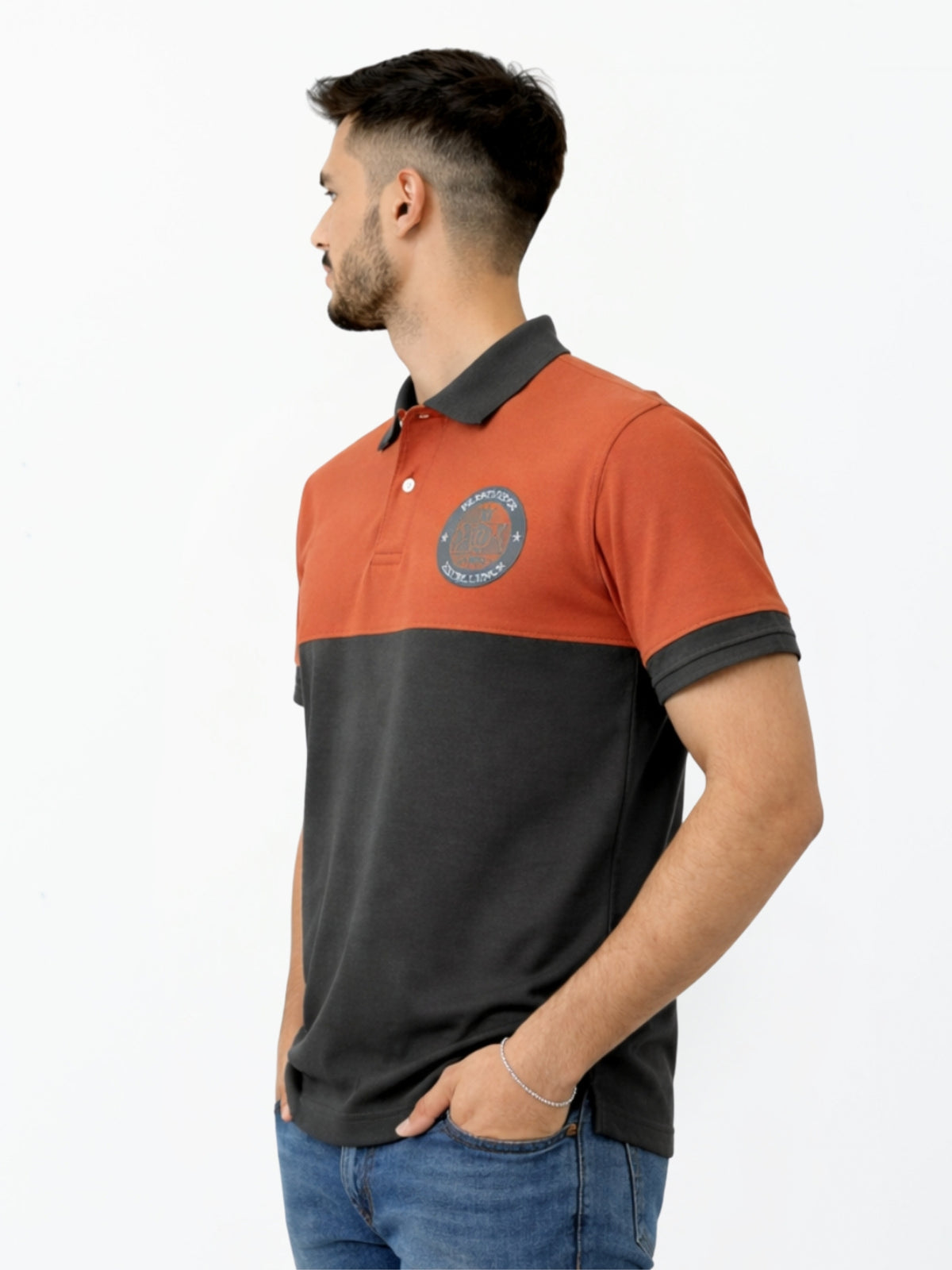 Men's Signature Emb Luxury Panel Polo - Rust & Dark Gray