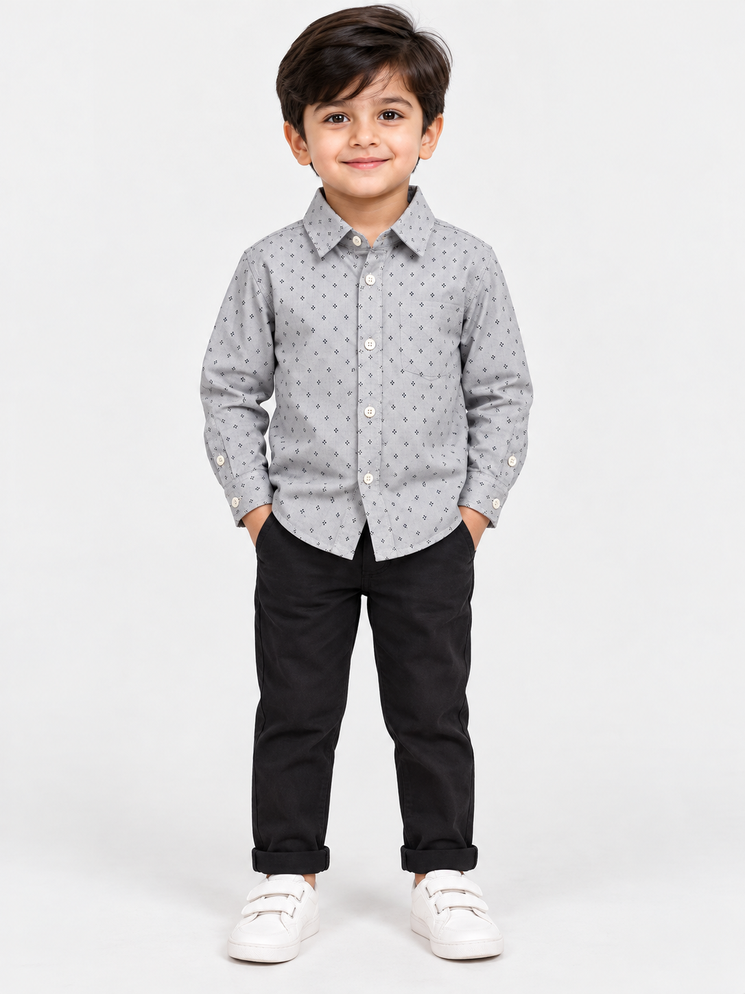 Boy's Grey Printed Full Sleeves Casual Shirt