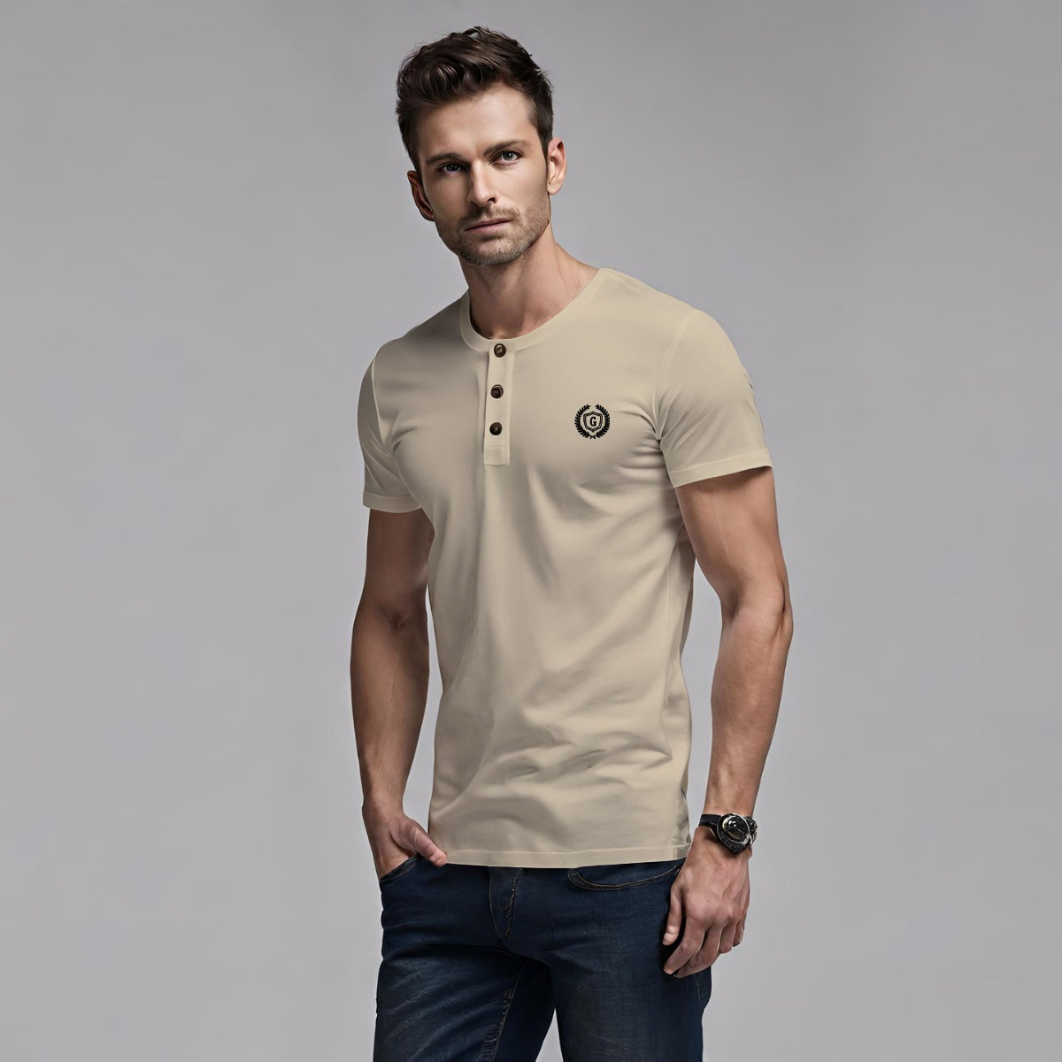 HG SIGNATURE EMB HENLEY TEE - SKIN