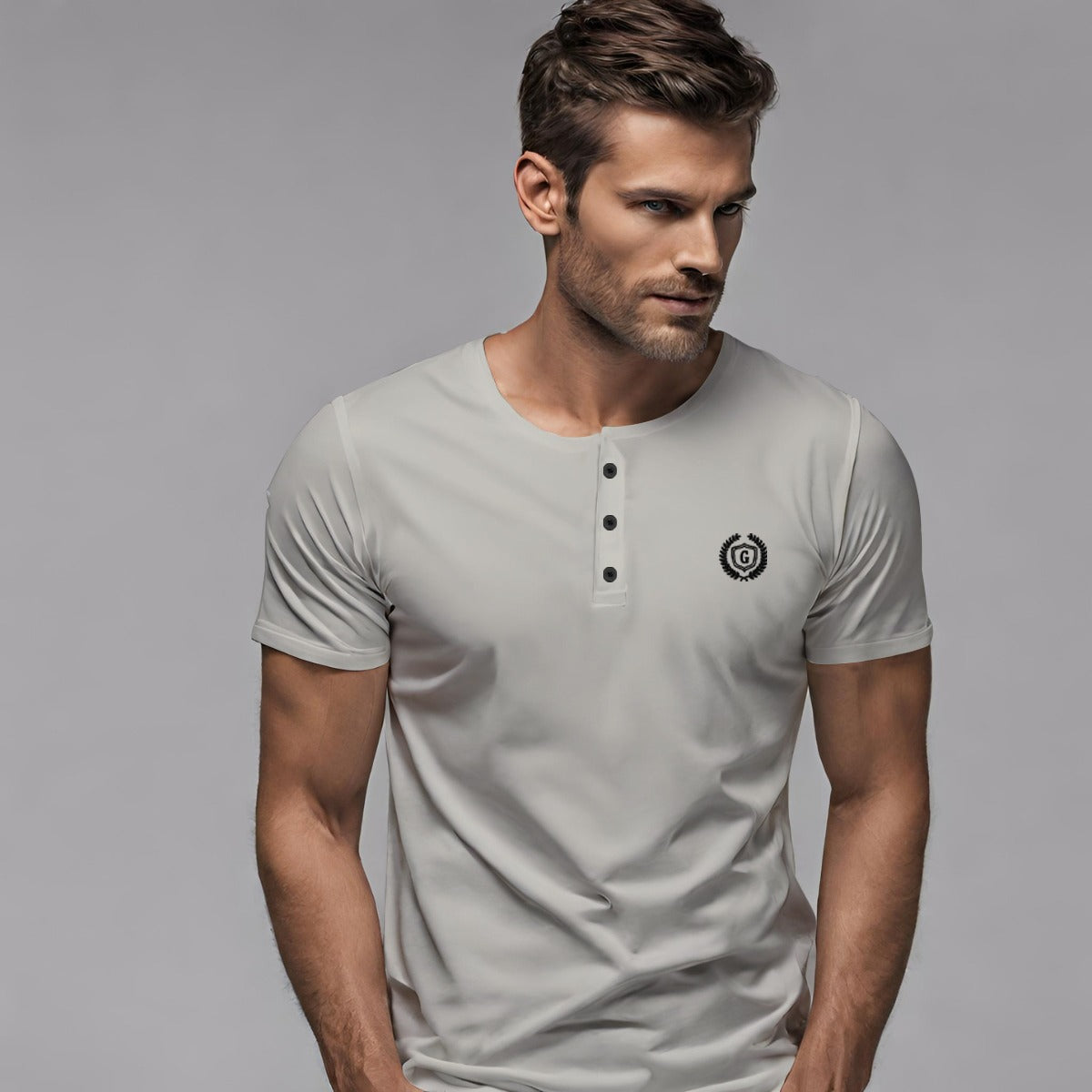 HG SIGNATURE EMB HENLEY TEE - OFF WHITE
