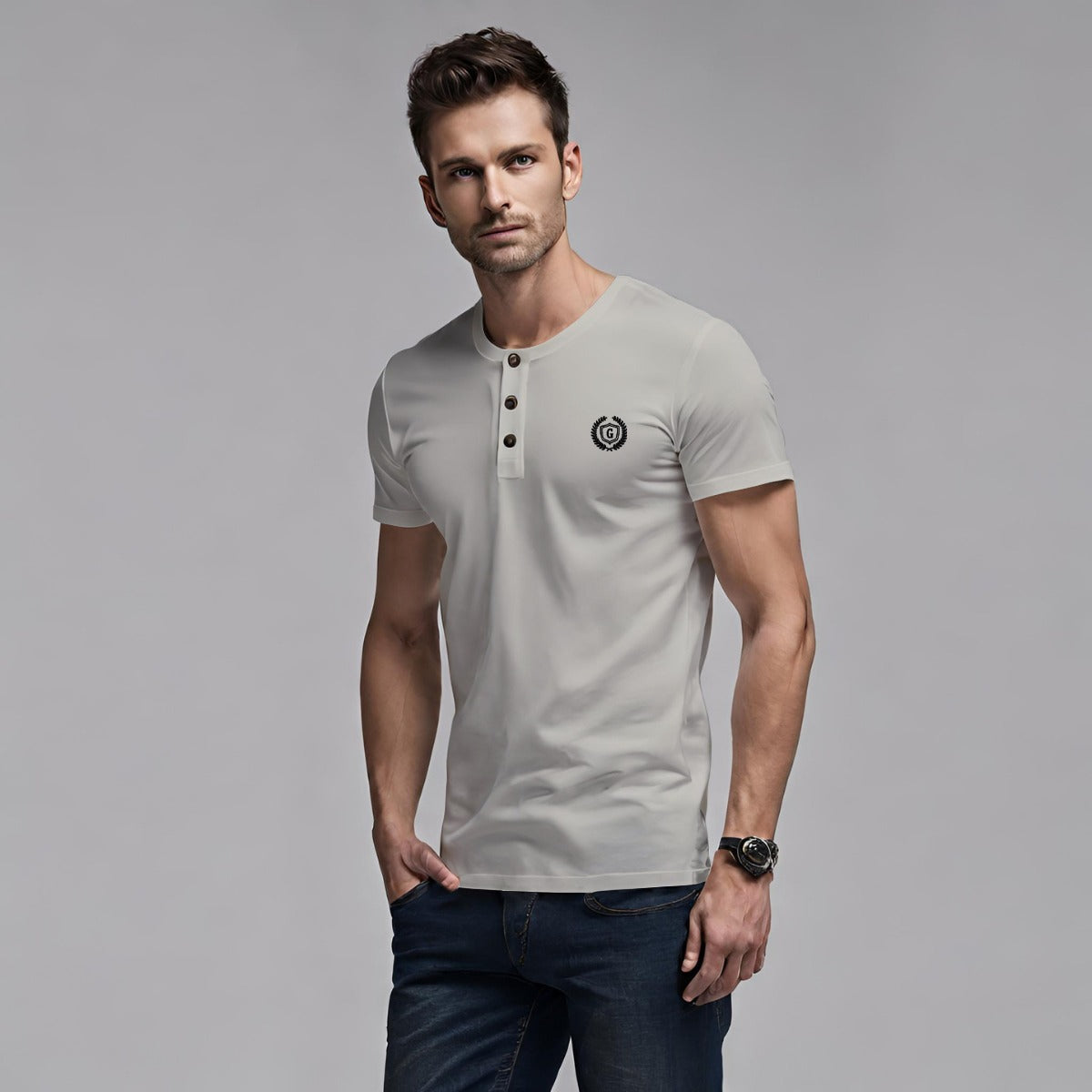 HG SIGNATURE EMB HENLEY TEE - OFF WHITE