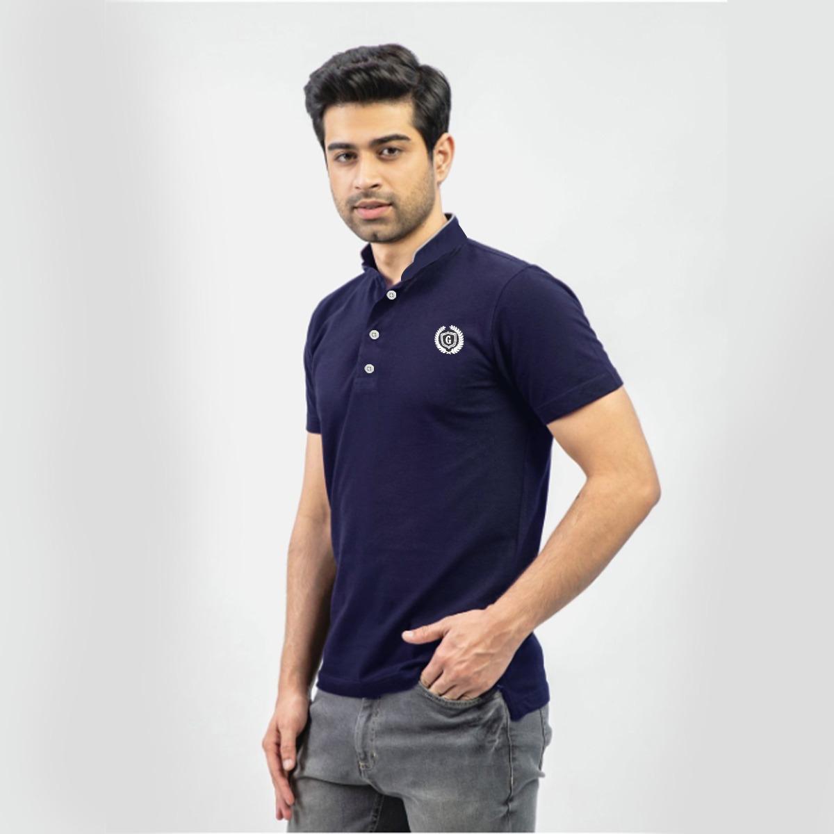 HG Stylish Ban Collar Polo Shirt For Men's - Navy Blue