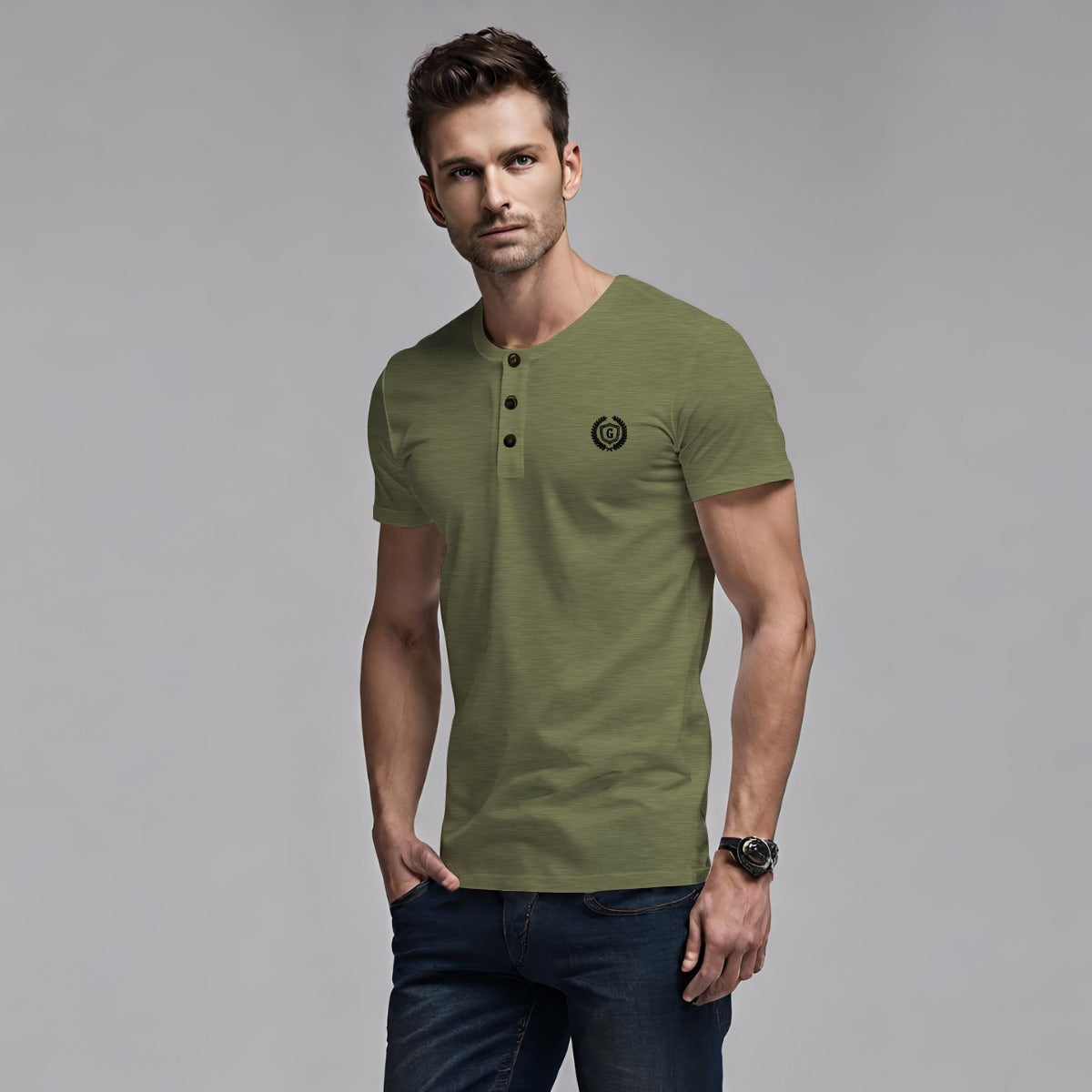 HG SIGNATURE EMB HENLEY TEE - OLIVE GREEN