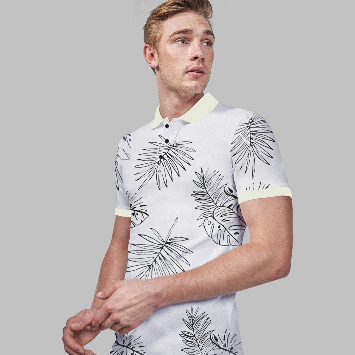 HG All Over Floral Printed Polo Shirt For Men's - Titan White
