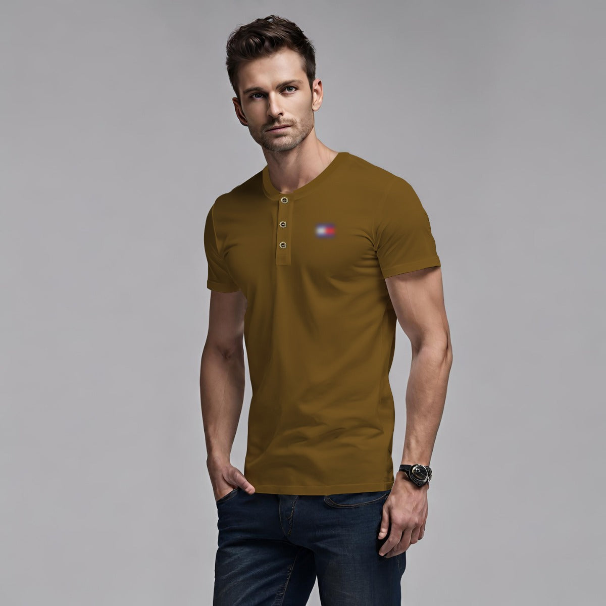 Men's Emb. Ban Collar Henley Polo Shirt -   Medium Brown