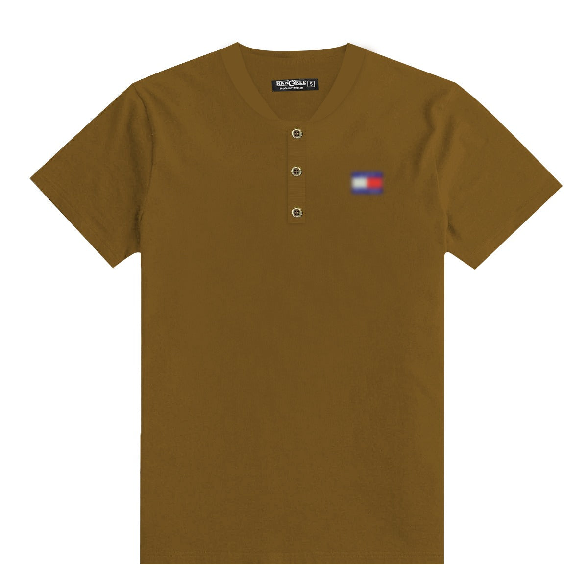 Men's Emb. Ban Collar Henley Polo Shirt -   Medium Brown