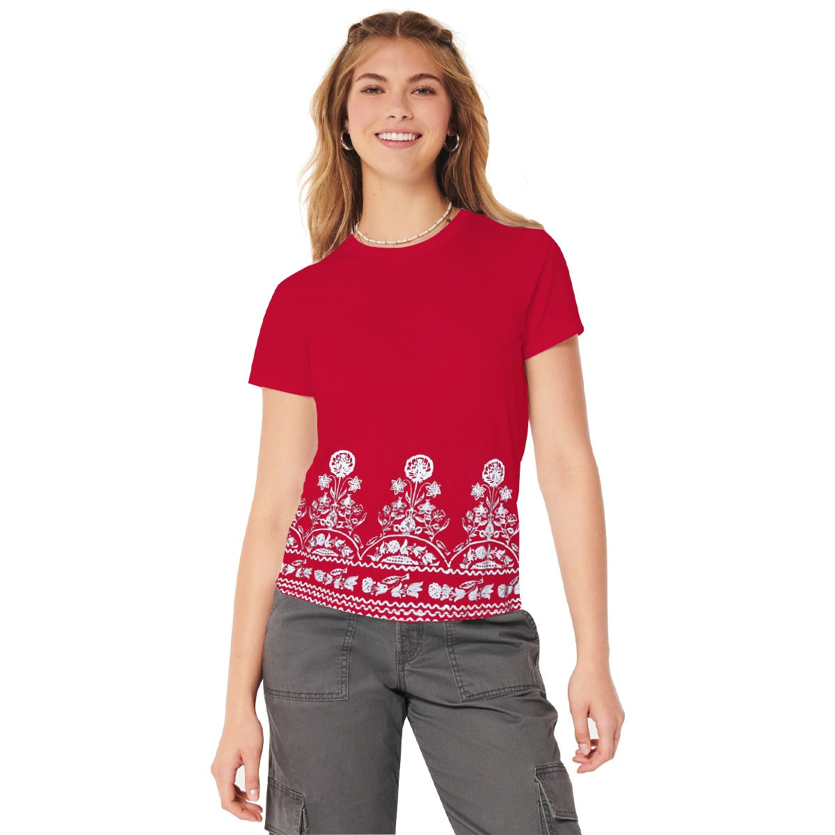 Women Floral Printed Tee Shirt - Red