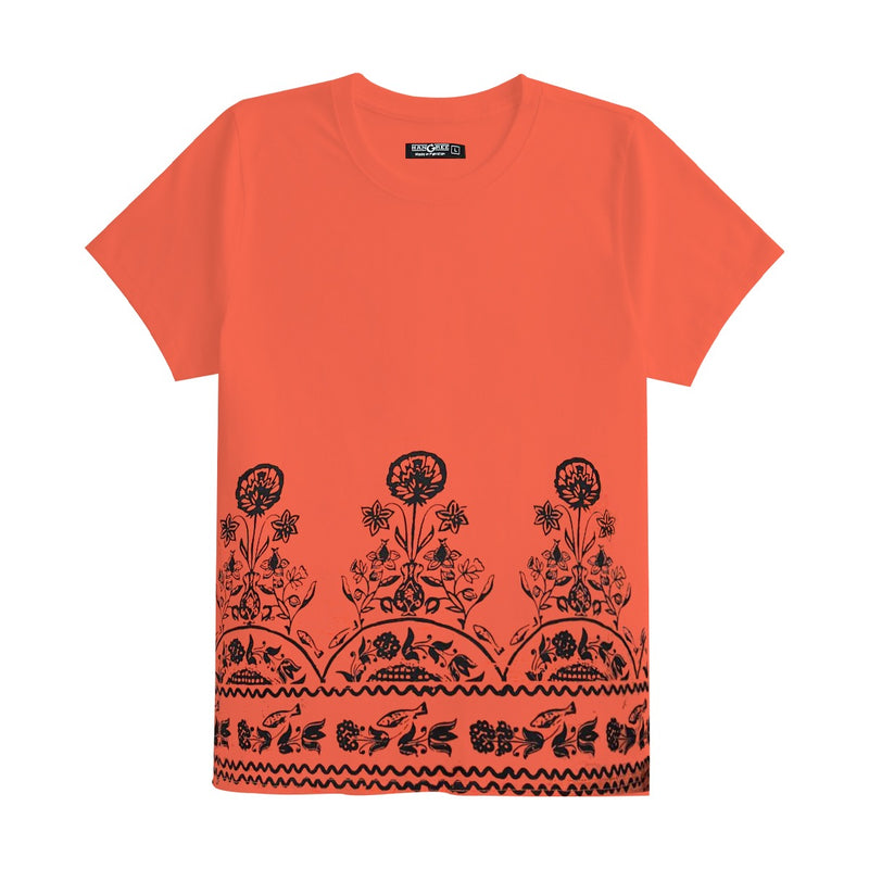 Women Floral Printed Tee Shirt - Orange