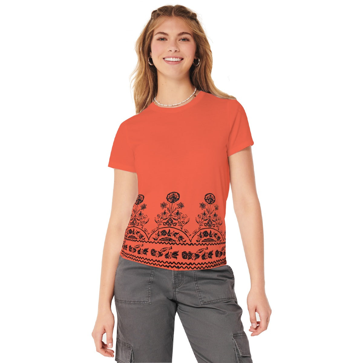 Women Floral Printed Tee Shirt - Orange