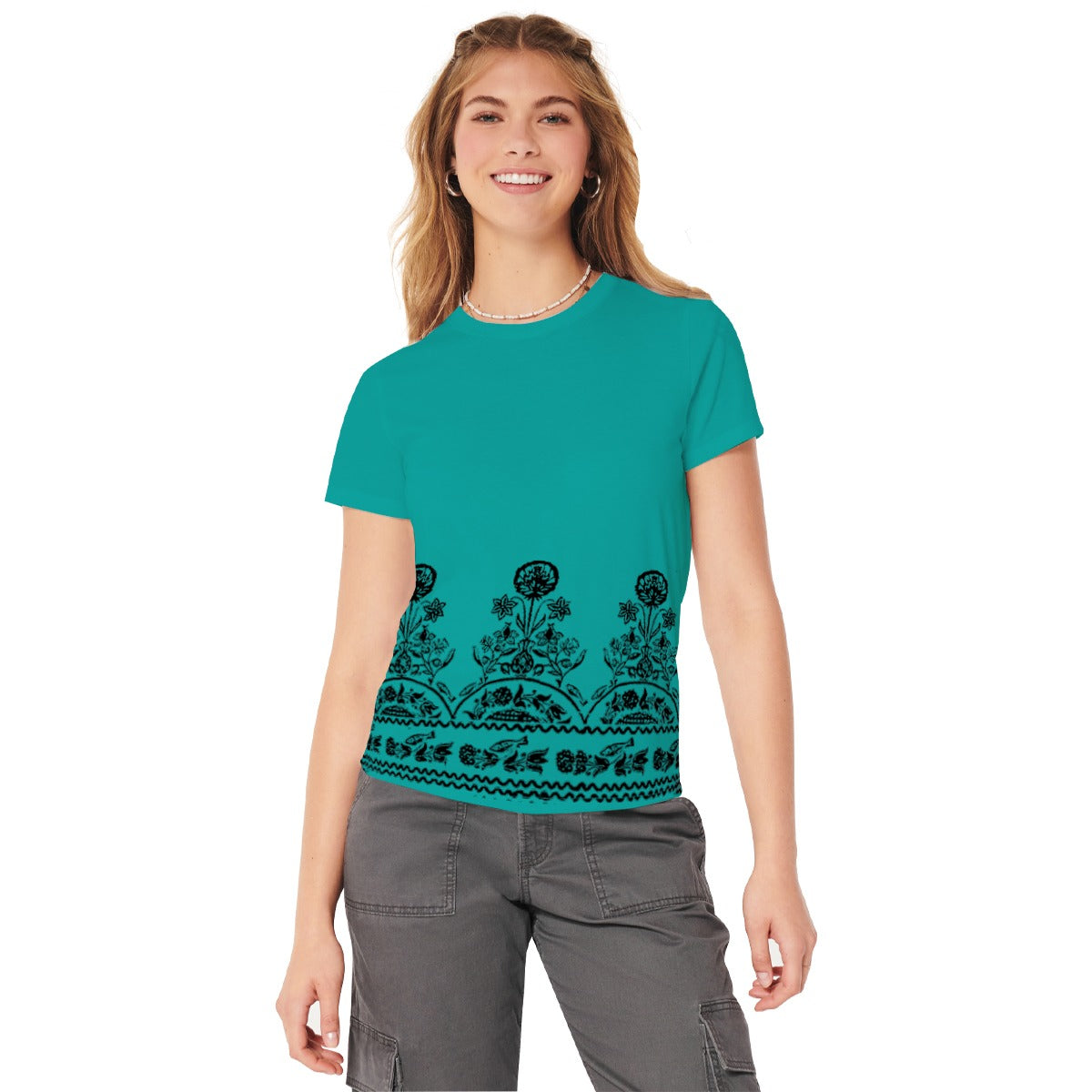 Women Floral Printed Tee Shirt - Sea Green