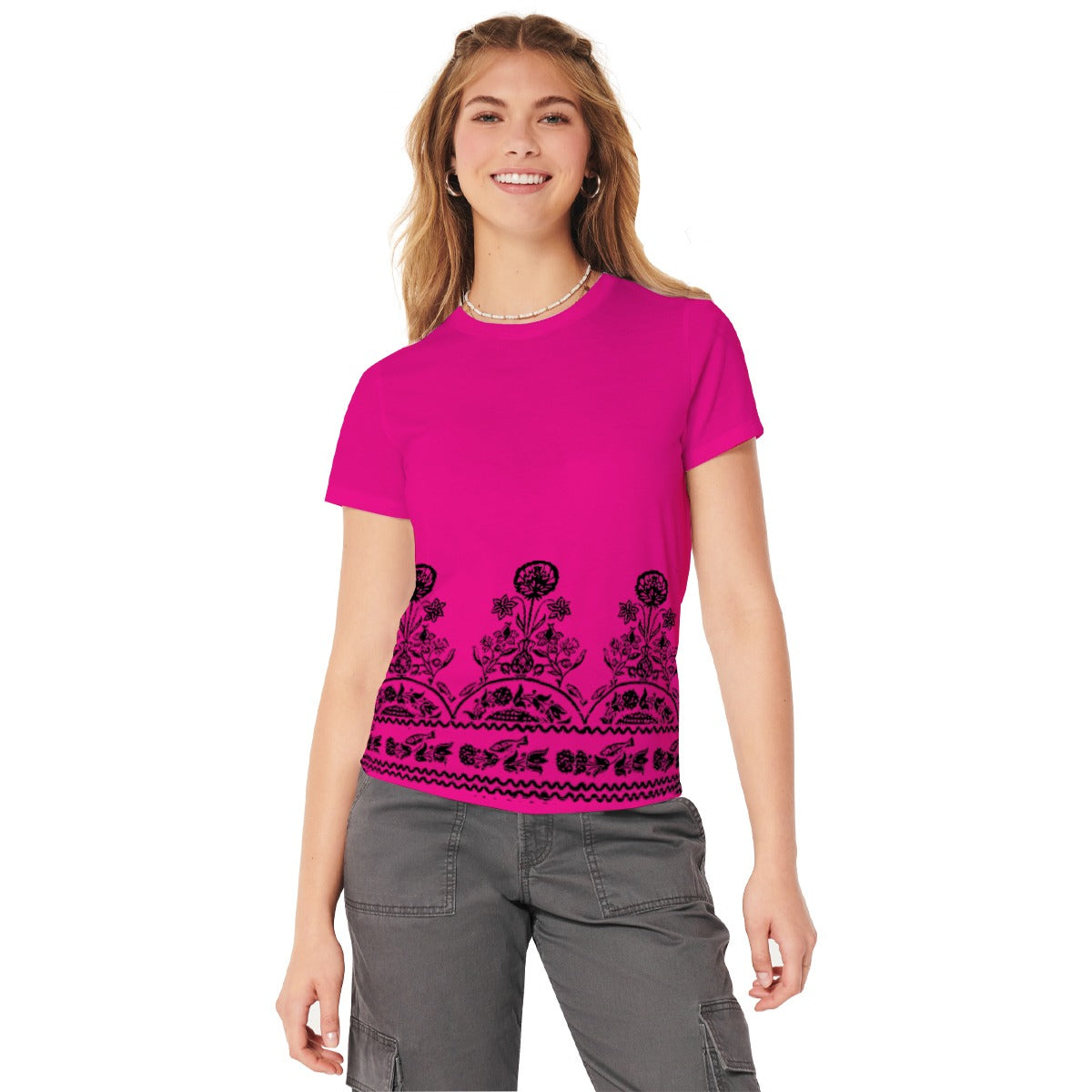 Women Floral Printed Tee Shirt - Barbie Pink