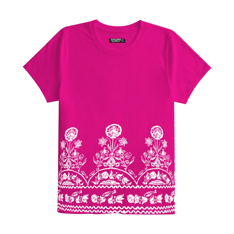 Women Floral Printed Tee Shirt - Barbie Pink