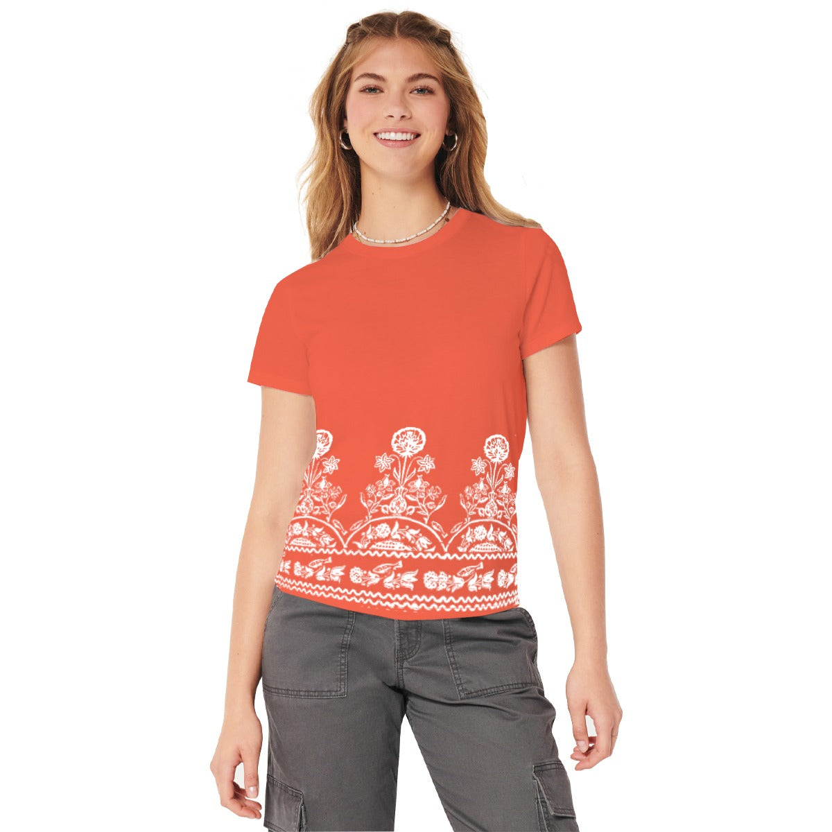 Women Floral Printed Tee Shirt - Orange