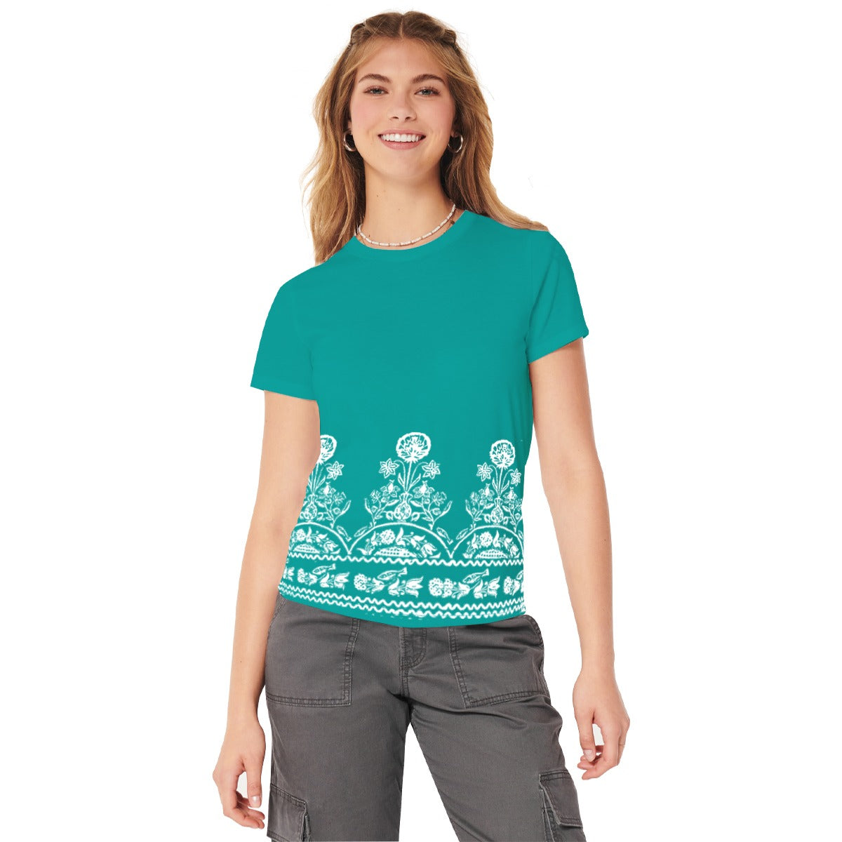 Women Floral Printed Tee Shirt - Sea Green