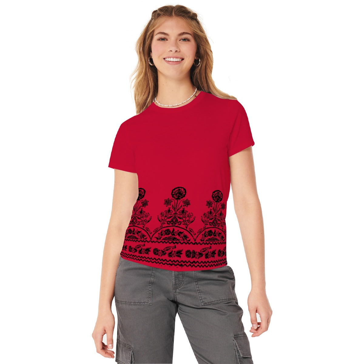 Women Floral Printed Tee Shirt - Red