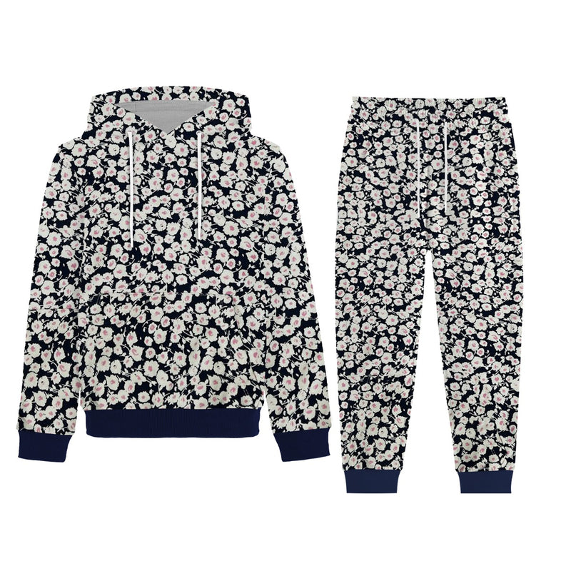Girl's Allover Floral Printed Fleece Hoodie Twin Set - Navy