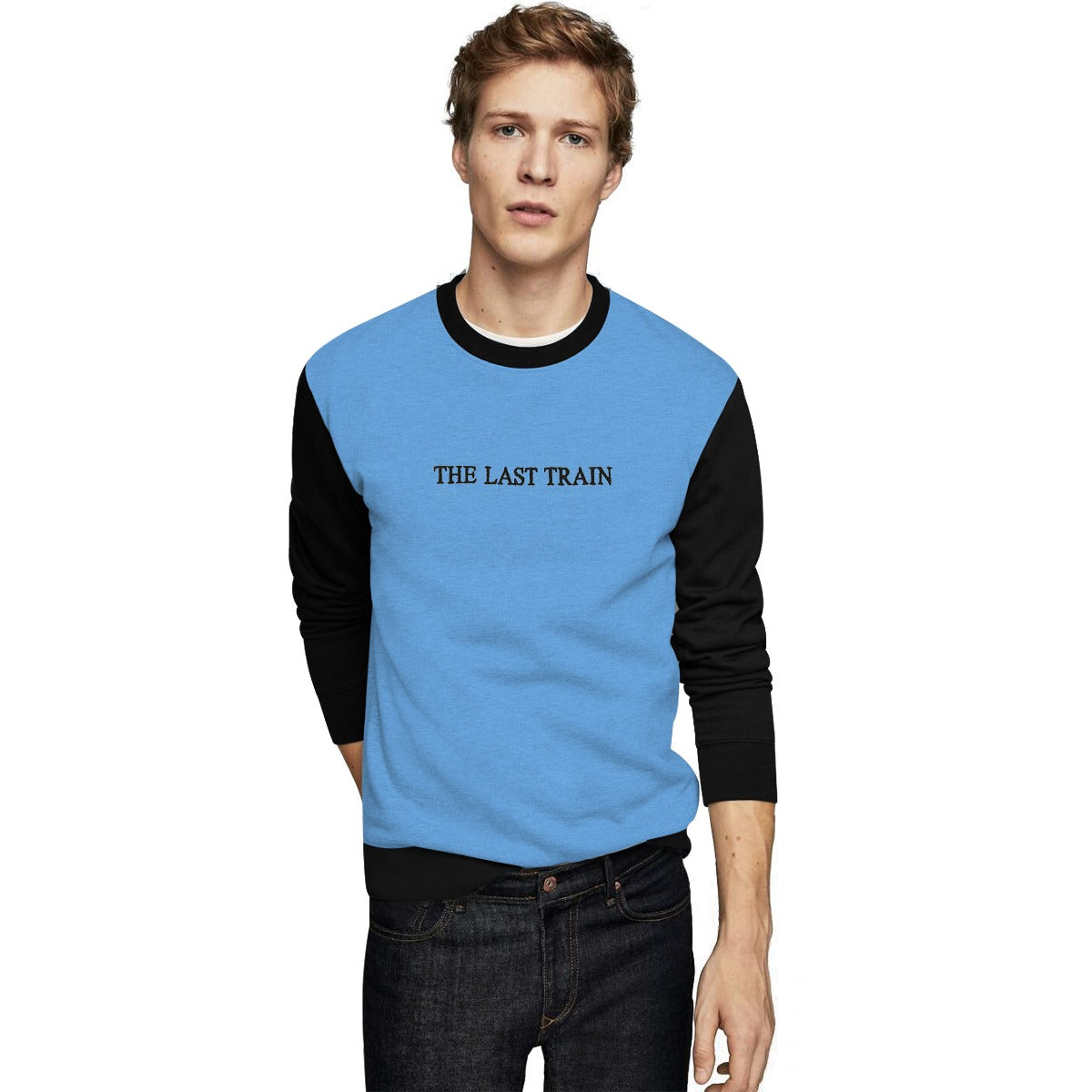 Contrast Sleeves "The Last Train" Emb, Sweat Shirt - Sky Black