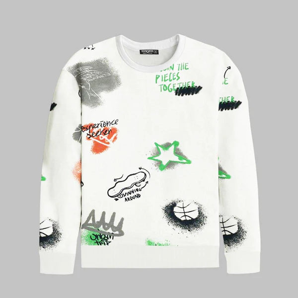 All Over Graphic Printed Sweat Shirt - White (Minor Fault)