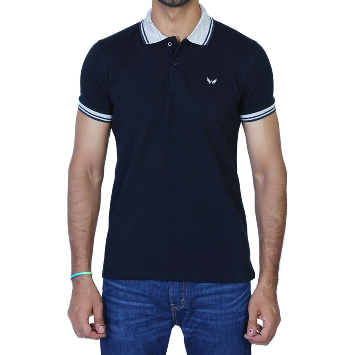 Signature Embroidered Contrast Tipping Collar Polo - Navy