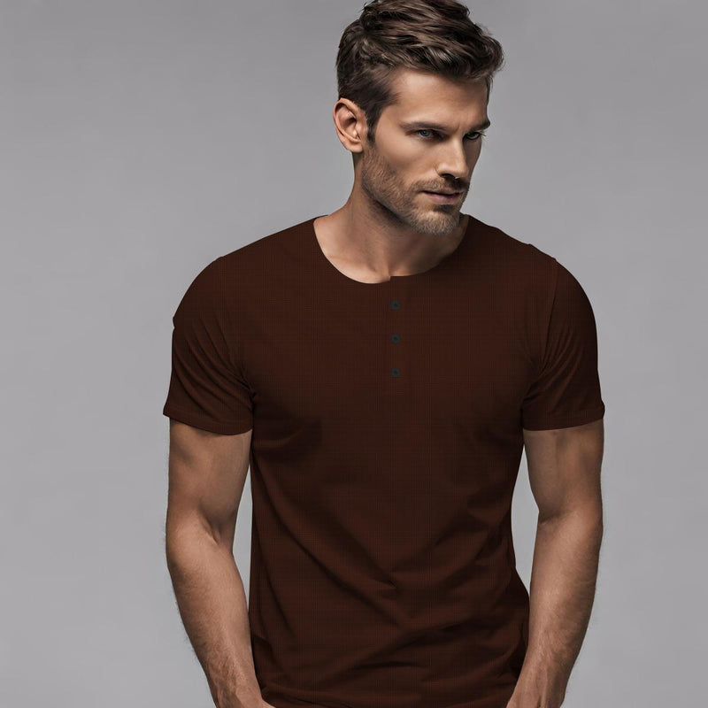 Exclusive Thermal Cotton Henley Tee Shirt - Brown