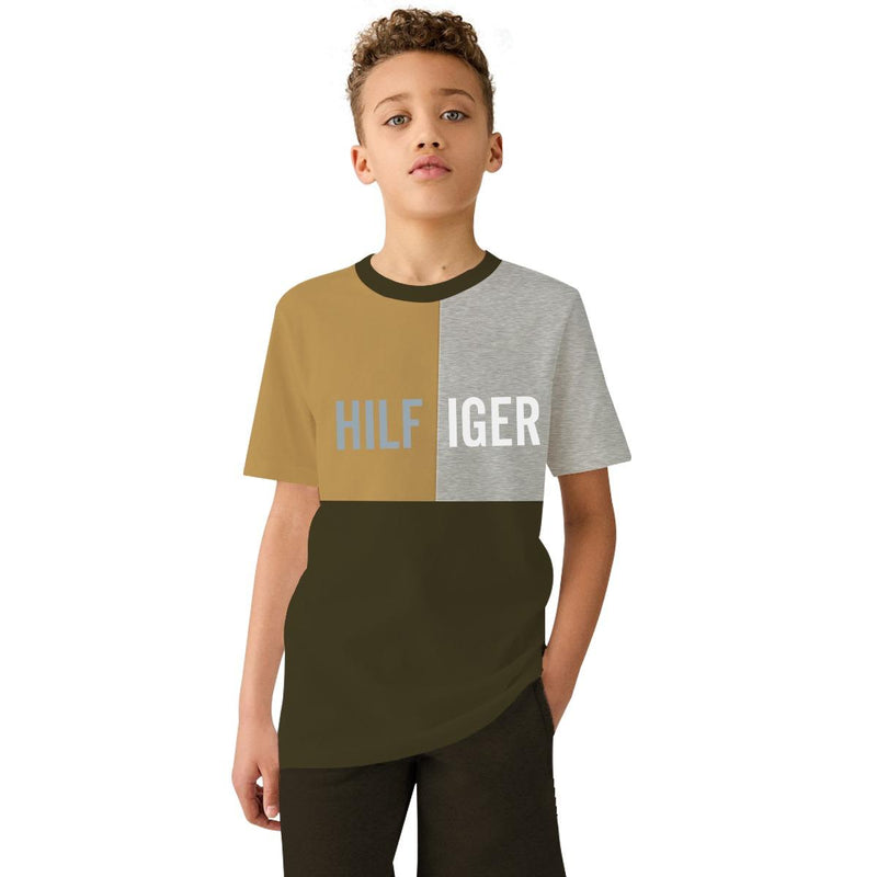 Boys Printed Patch Style Contrast Tee Shirt - Wood Green