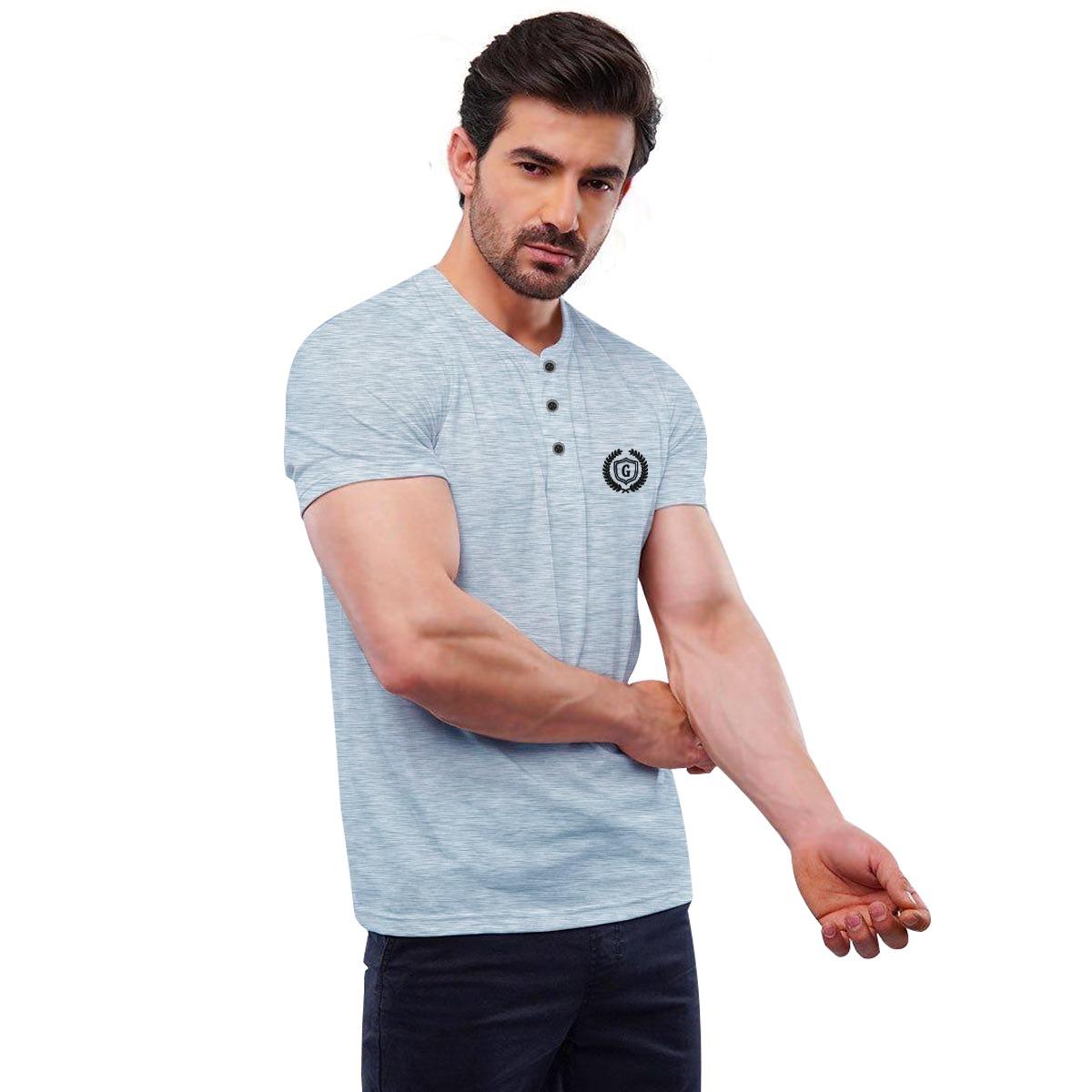 Textured Signature Embroidered Henley Tee Shirt - Textured Sky