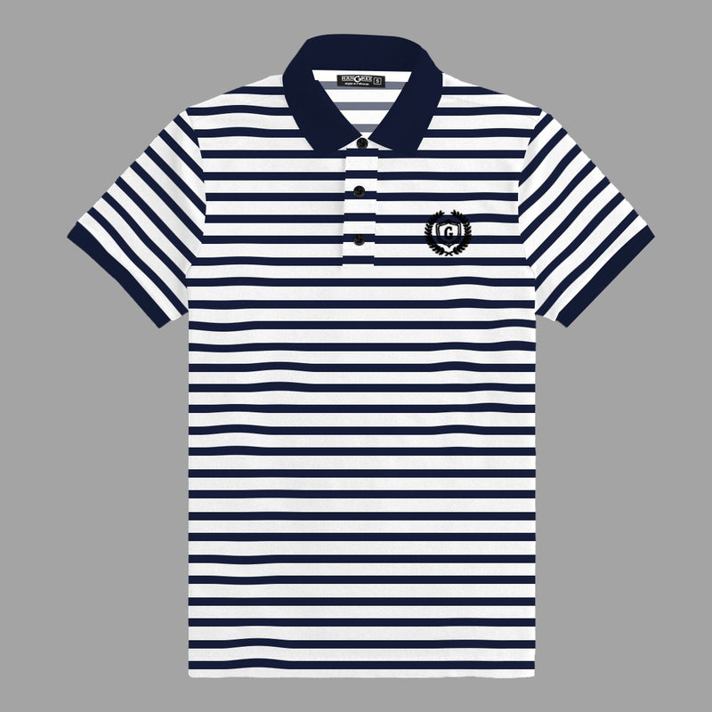 Hangree  Signature Emb Yarn Dyed Polo Shirt - White & Navy Stripes