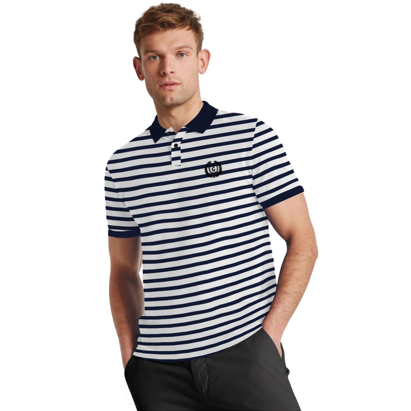 Hangree  Signature Emb Yarn Dyed Polo Shirt - White & Navy Stripes