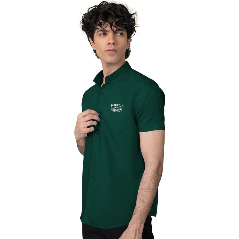 Classy "Brooklyn" Embroidered Soft Cotton Casual Shirt - Bottle Green