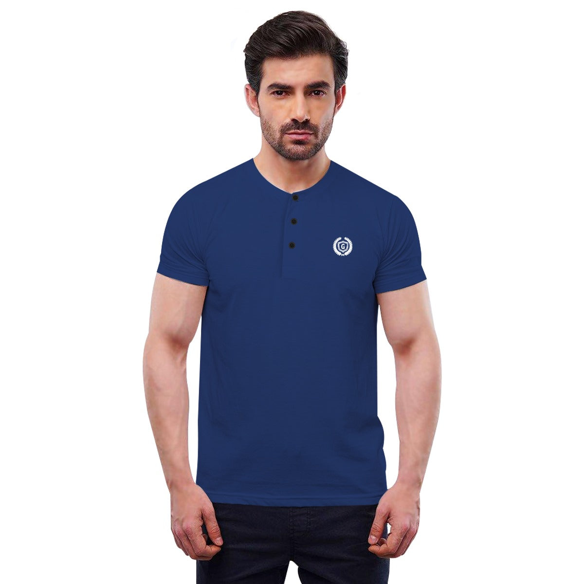 Signature Embroidered Henley Shirt - Navy Blue
