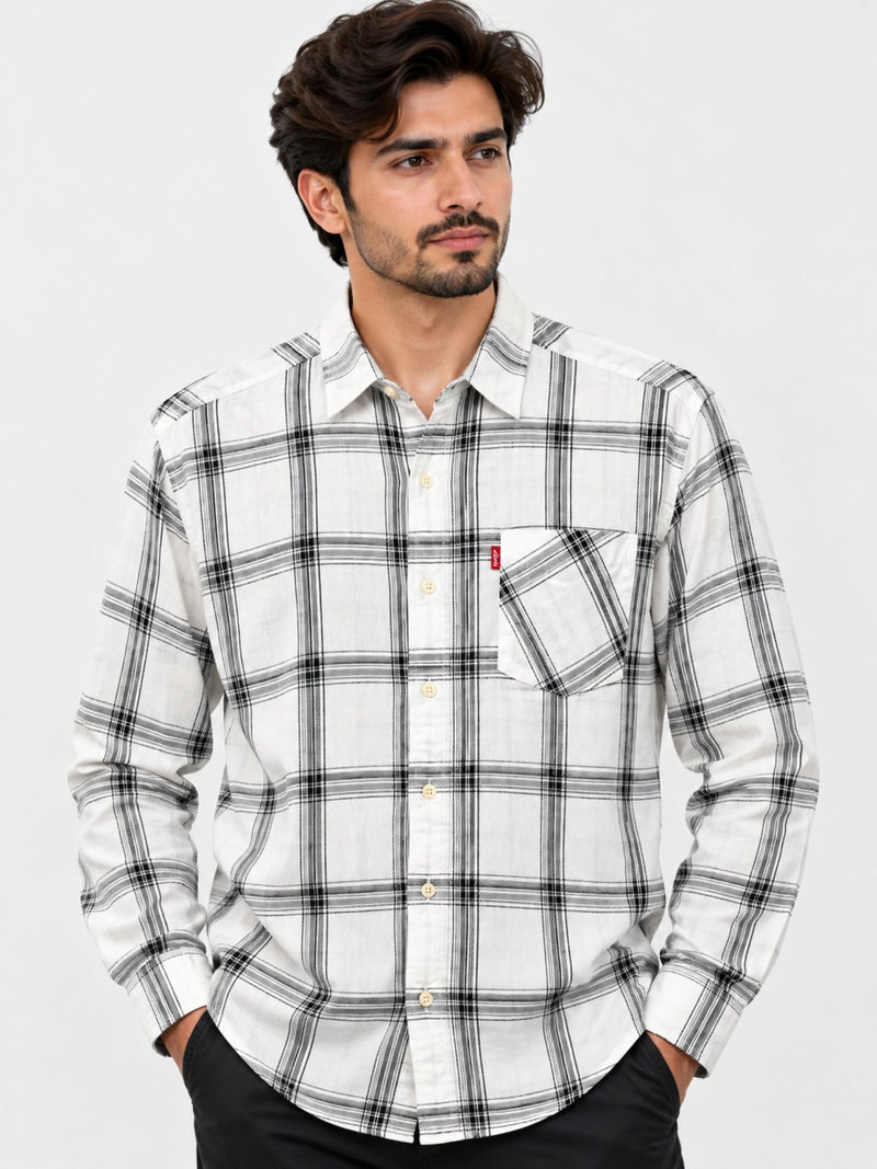 Men's White & Black Large Check Casual Shirt