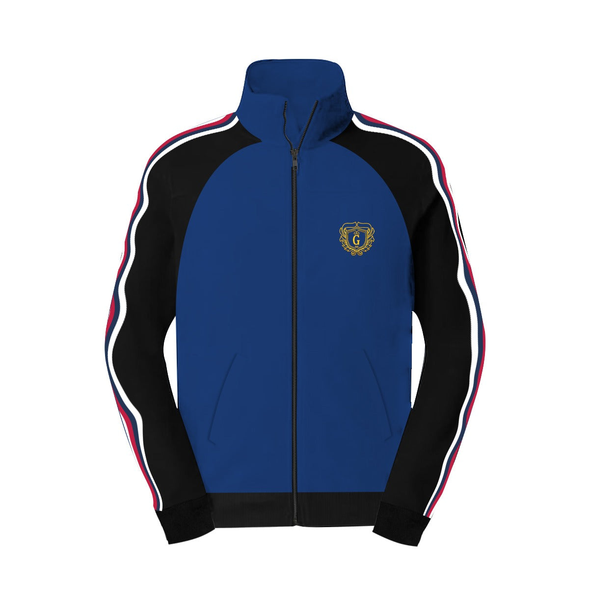 Mock Neck Signature Printed Fashion Zipper Jacket - Royal & Black