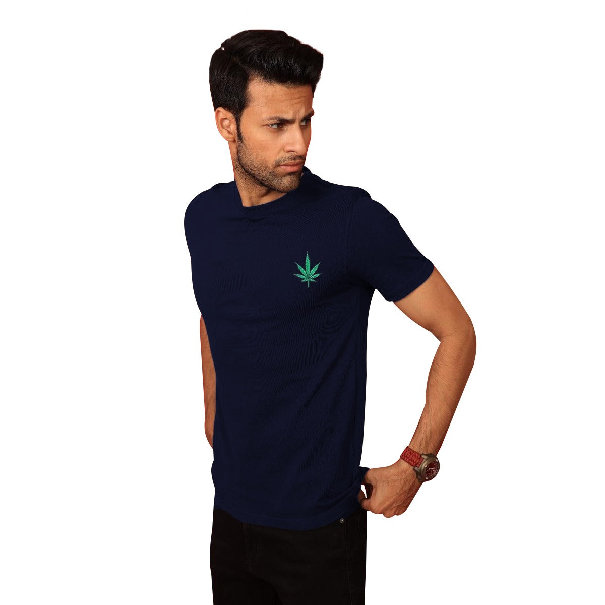 Leaf Embroidered Men Tee Shirt - Navy